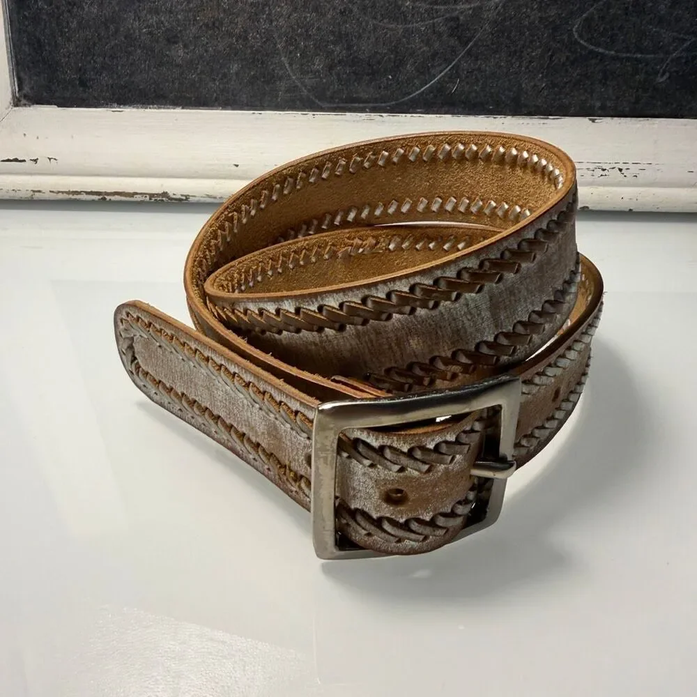 Genuine Leather Brown Whipstitch Western Belt Silver Buckle Size 34